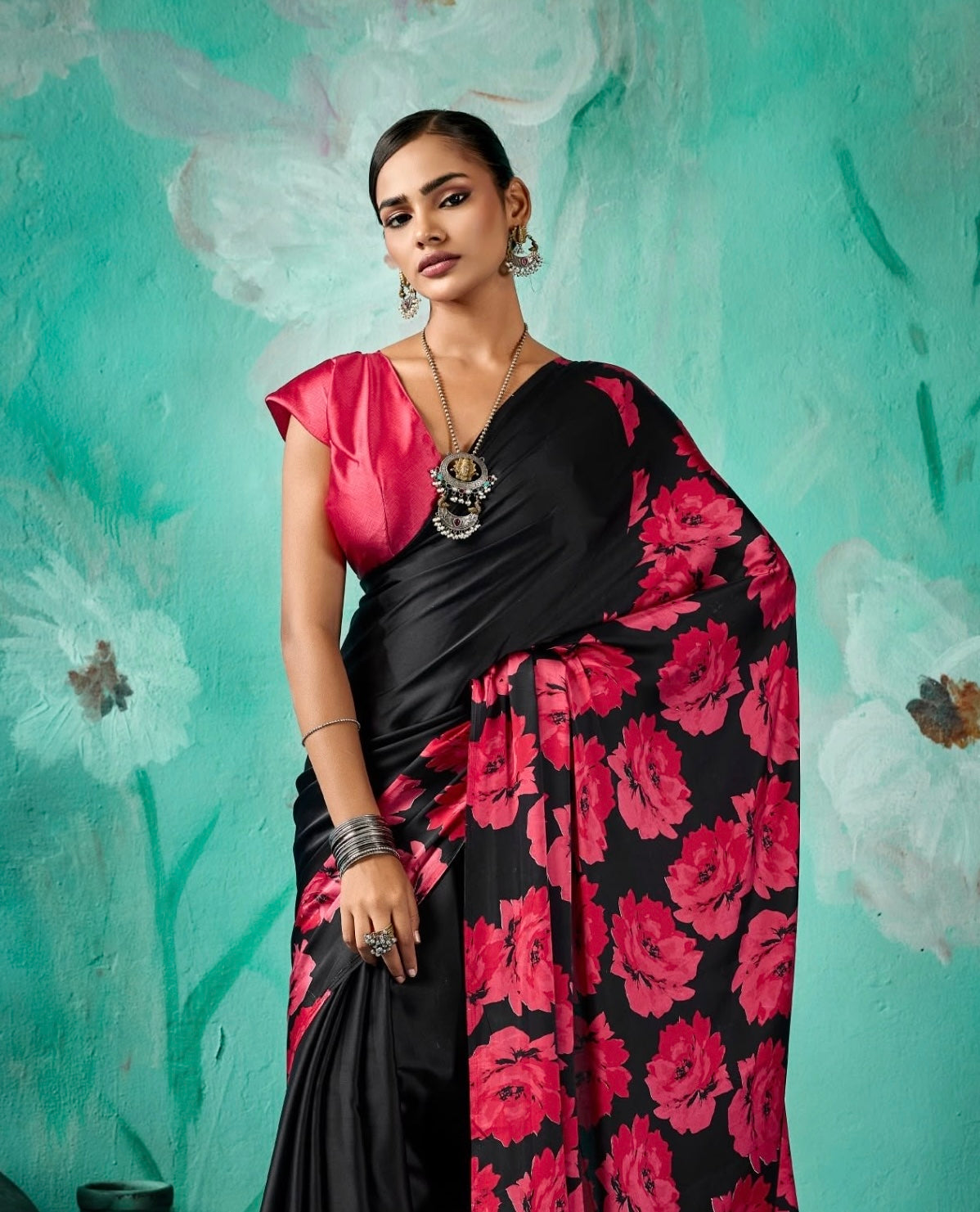Black Floral Modal Silk Ready To Wear/Easy Saree