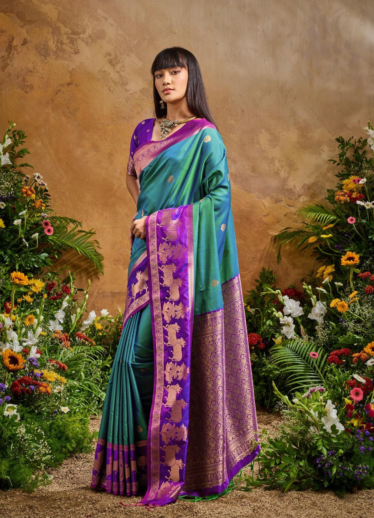 Green Two Tone Kanjivaram Silk Readymade/Easy Saree