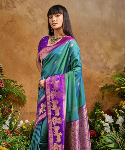 Green Two Tone Kanjivaram Silk Readymade/Easy Saree