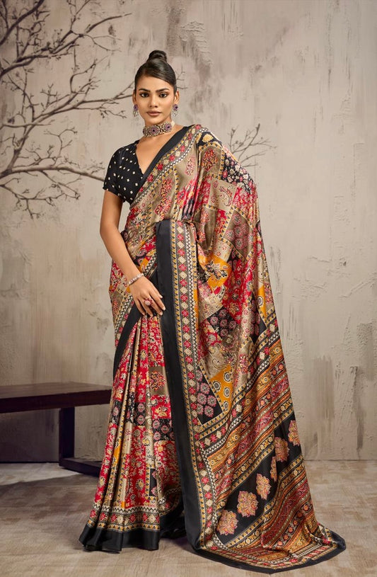Black modal silk ready-to-wear saree worn with a multicolor print and broad black border