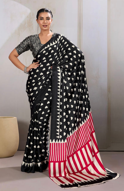 Black Heart Dot Readymade Crepe Silk Saree