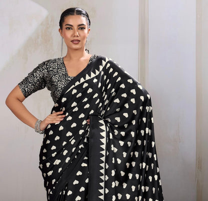 Black Heart Dot Readymade Crepe Silk Saree
