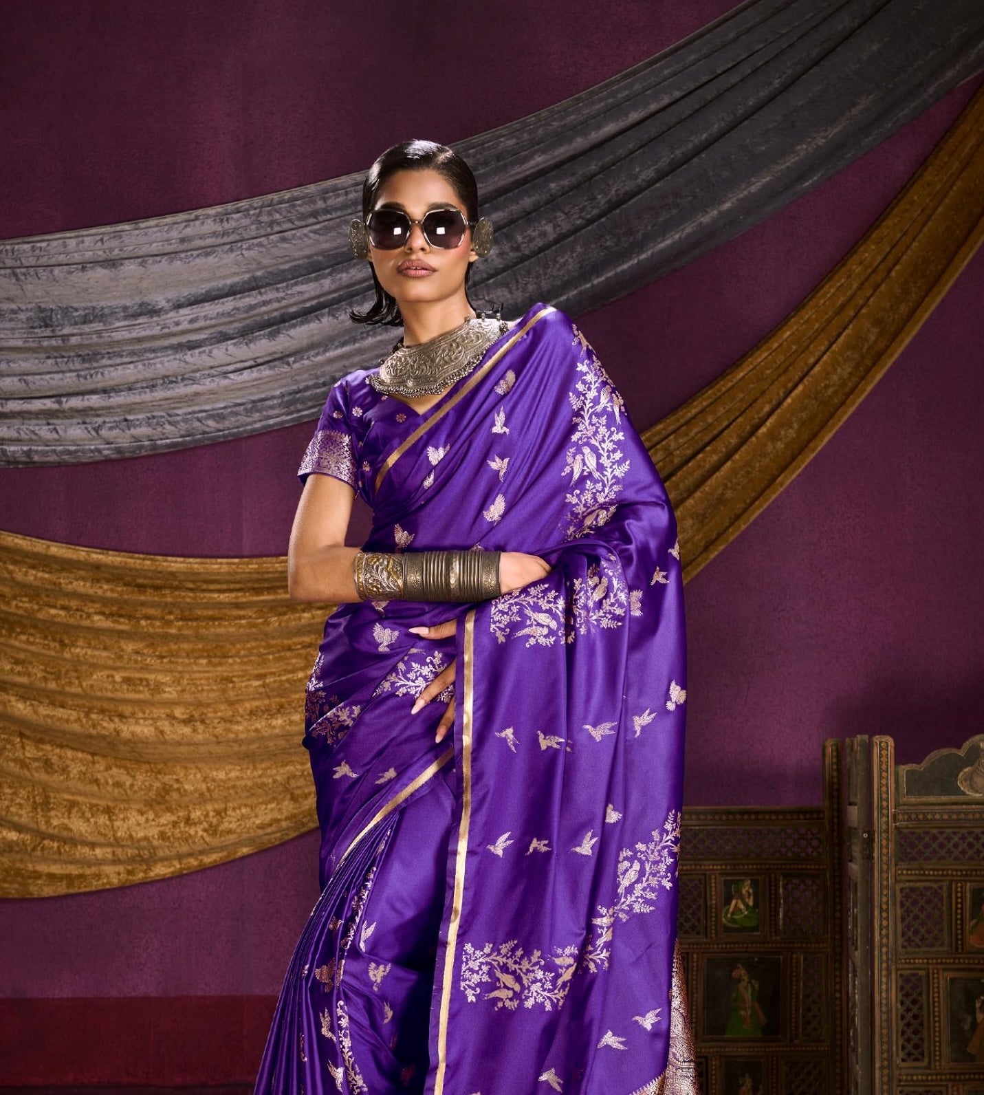 Royal Purple Satin Silk Readymade/Easy Saree - Panaash Saree