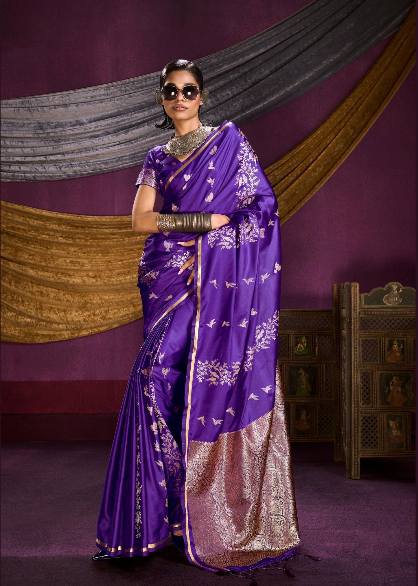 Royal Purple Satin Silk Readymade/Easy Saree - Panaash Saree