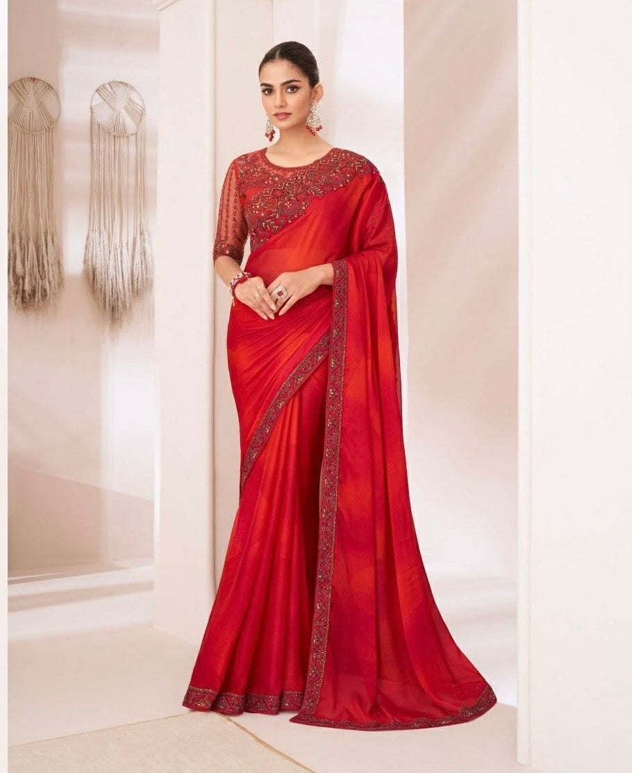 Red Cocktail Readymade Saree