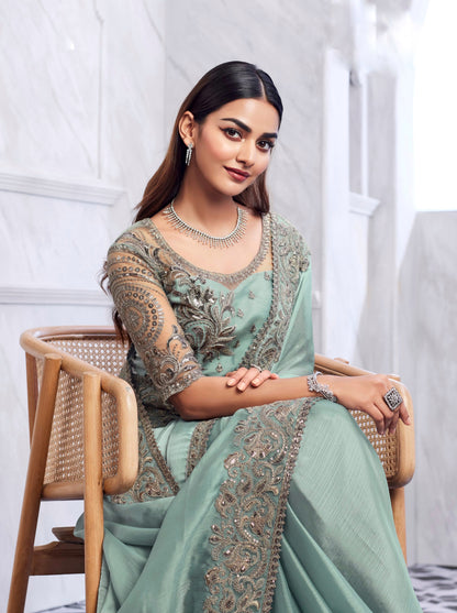 Mint Color Cocktail Readymade Saree