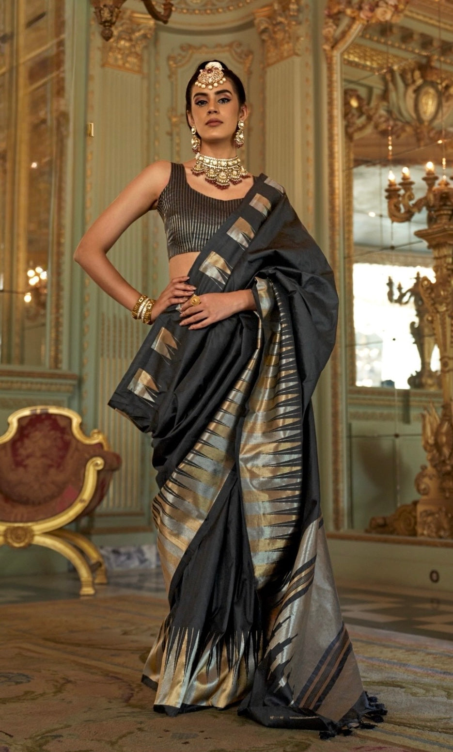 Black Kanjivaram Silk Readymade/Easy Saree