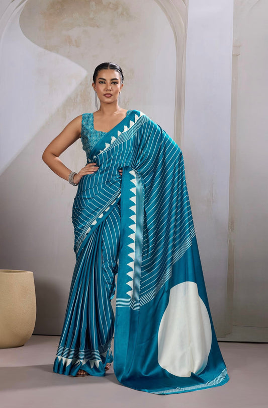 Blue Crepe Silk Readymade Saree
