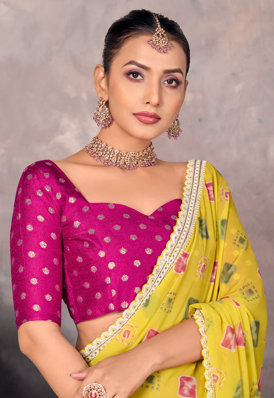 Lime Yellow Georgette Readymade/Easy Saree