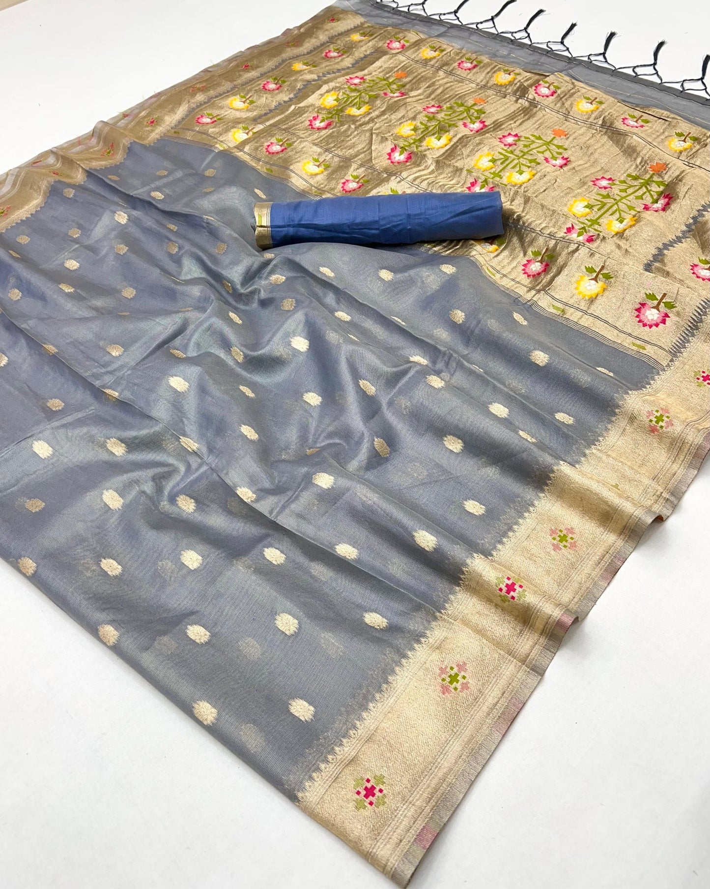 Steel Blue Paithani Tissue Readymade/Easy Saree