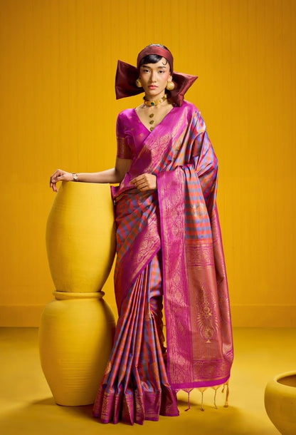 Royal Blue-Pink Checks Readymade/Easy Kanjivaram Saree - Panaash Saree