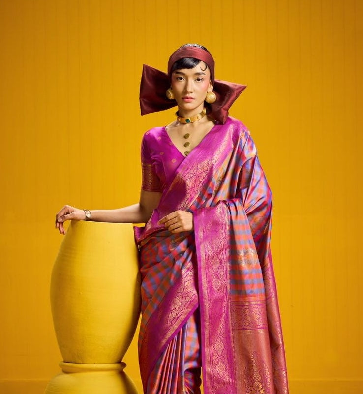 Royal Blue-Pink Checks Readymade/Easy Kanjivaram Saree - Panaash Saree