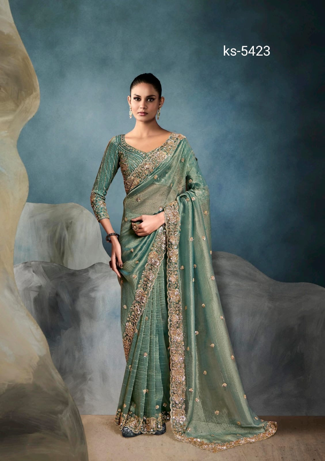 Sage Green Organza Readymade/Easy Saree With Fancy Blouse Piece