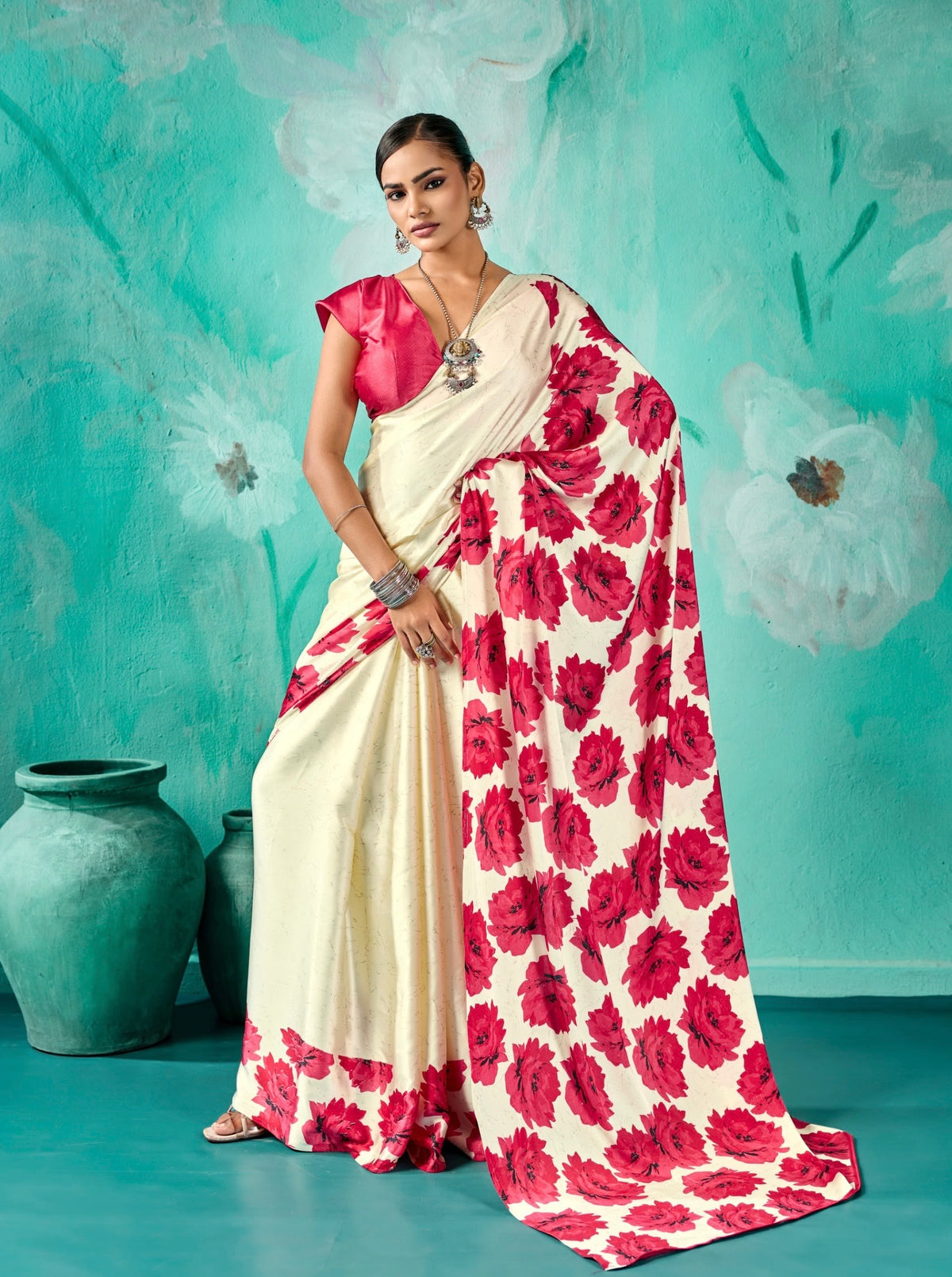 Off White Floral Modal Silk Ready To Wear/Easy Saree