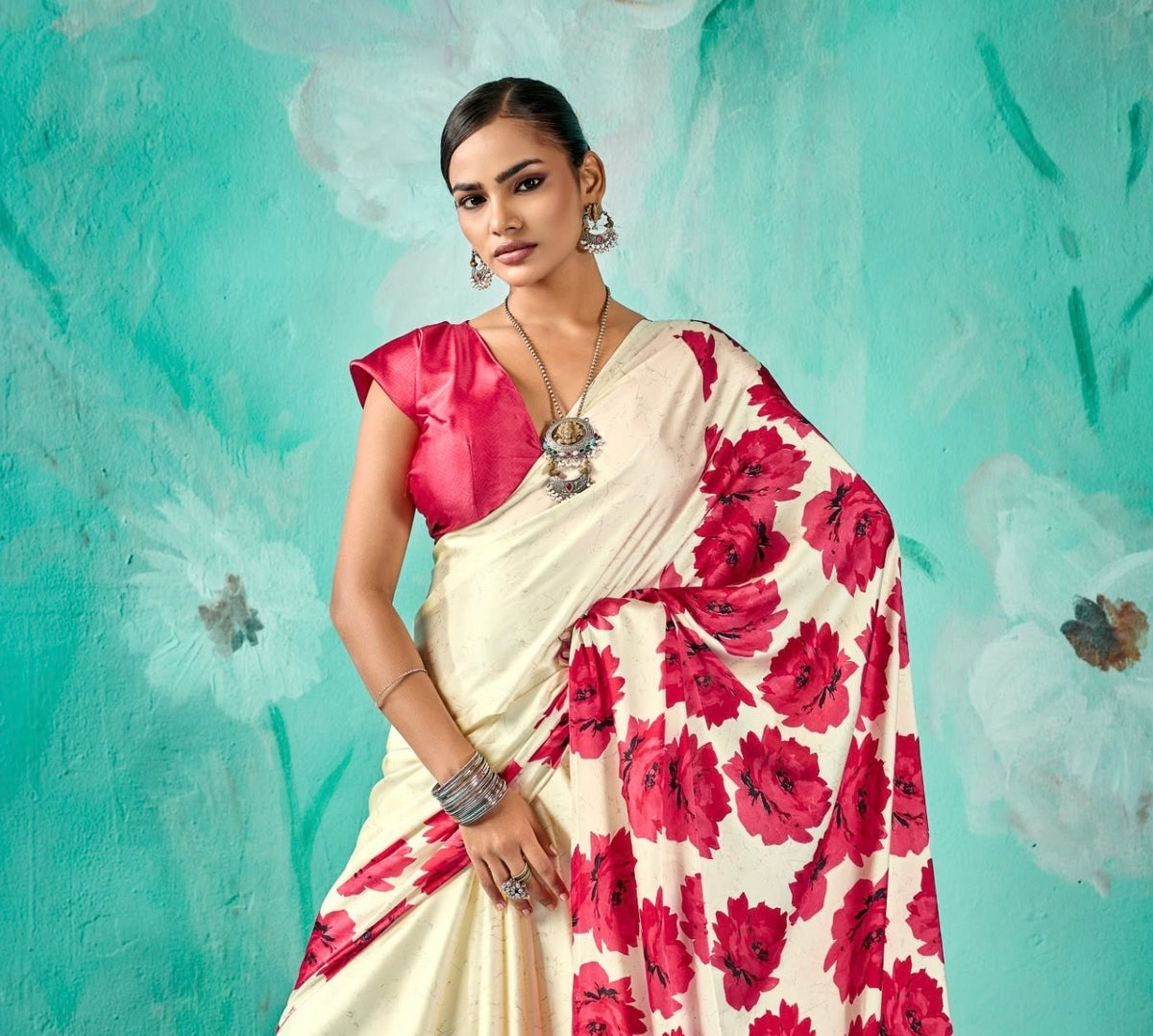 Off White Floral Modal Silk Ready To Wear/Easy Saree