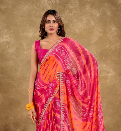 Pink & Peach Color Georgette Readymade/Easy Saree