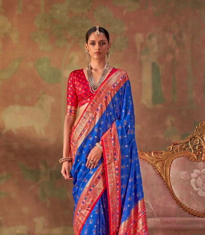 Royal blue silk saree with red-gold border, patterned pallu and red blouse sleeves