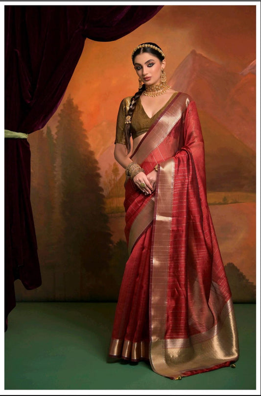 Red Raw Silk Readymade Saree With Customised Designer Blouse