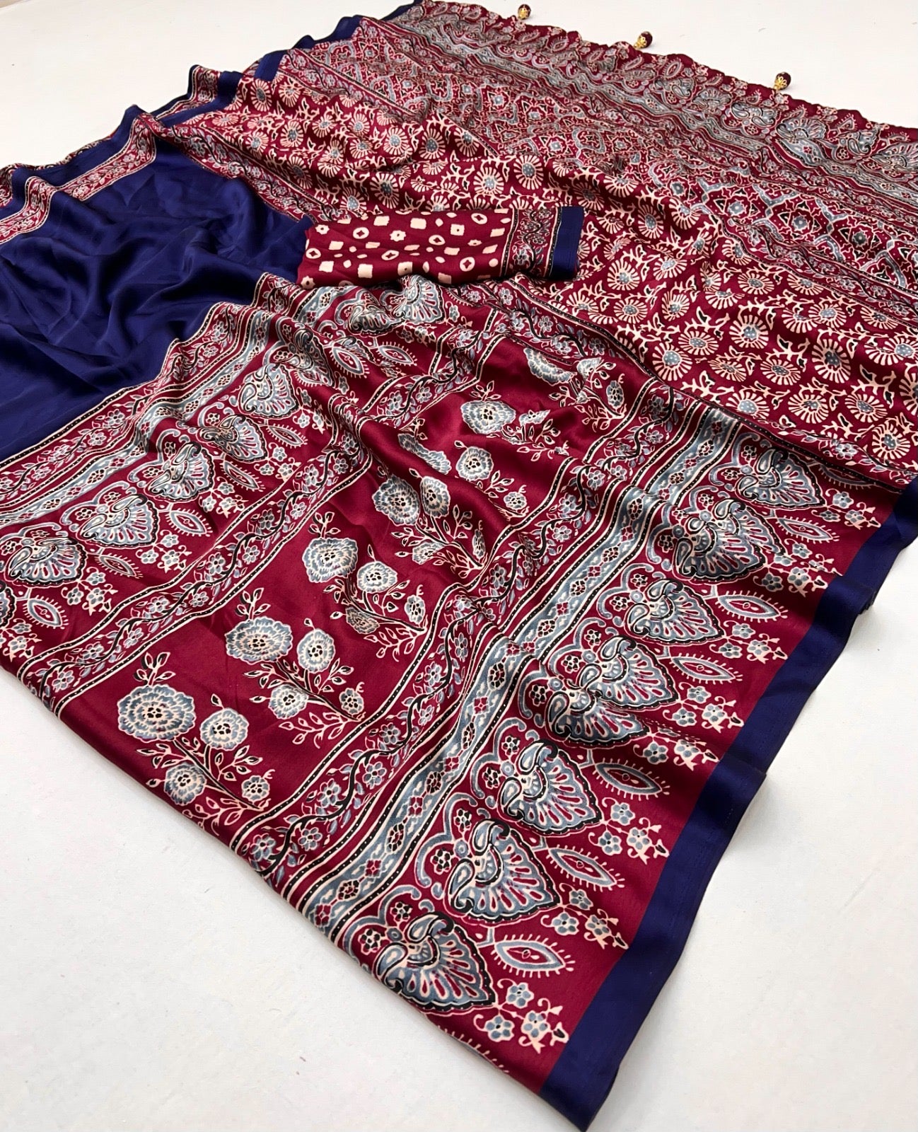 Navy Blue & Maroon Crepe Silk Readymade/Easy Saree