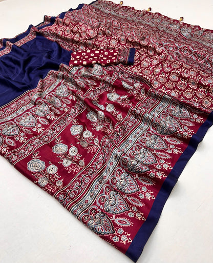 Navy Blue & Maroon Crepe Silk Readymade/Easy Saree