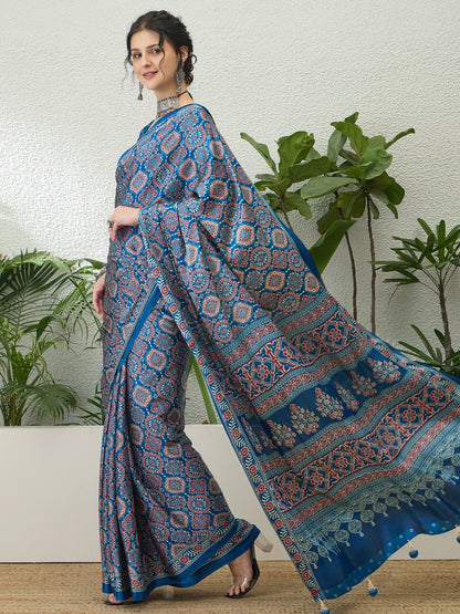 Dark Blue Crepe Silk Ready To Wear/Easy Saree - Panaash Saree