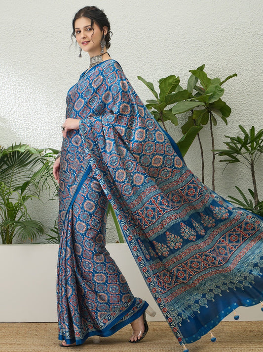 Dark Blue Crepe Silk Ready To Wear/Easy Saree - Panaash Saree