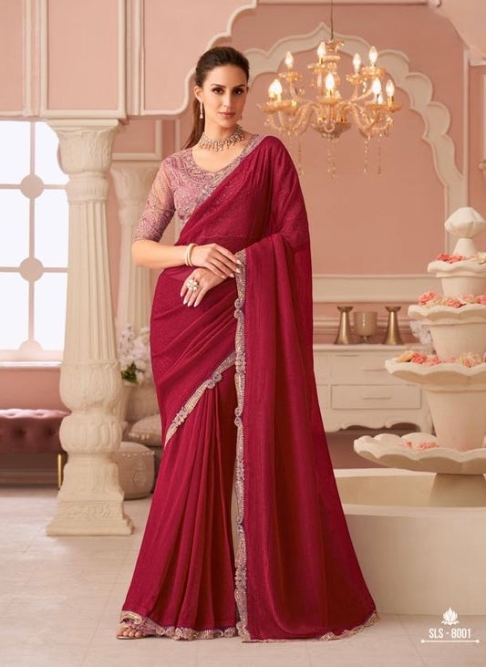 Cherry Color Cocktail Readymade Saree With Designer Blouse