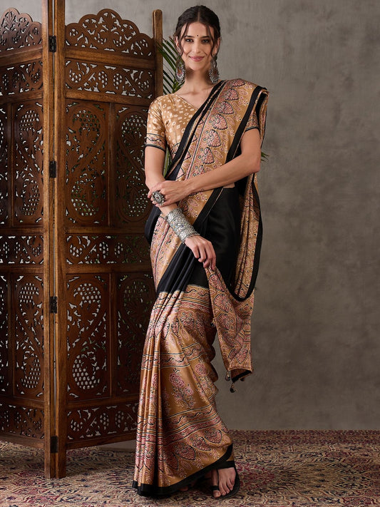 Black and beige Crepe Silk Readymade/Easy Saree