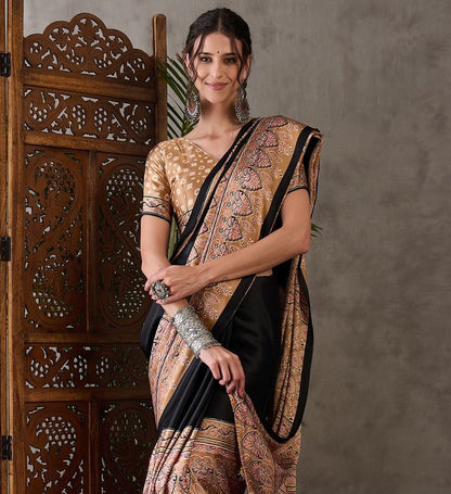 Black & Beige Crepe Silk Readymade/Easy Saree