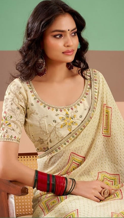 Off-White Georgette Readymade/Easy Saree - Panaash Saree