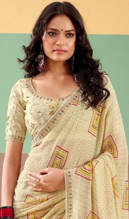 Off-White Georgette Readymade/Easy Saree - Panaash Saree