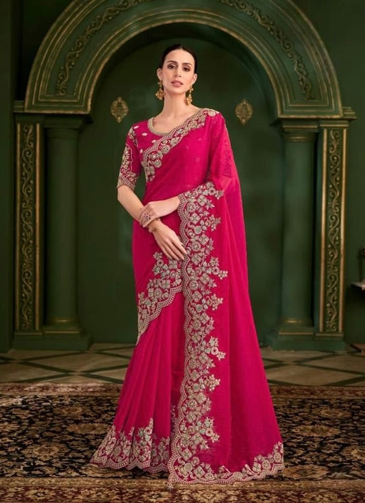 Dark Pink Cocktail Ready To Wear/Easy Saree - Panaash Saree