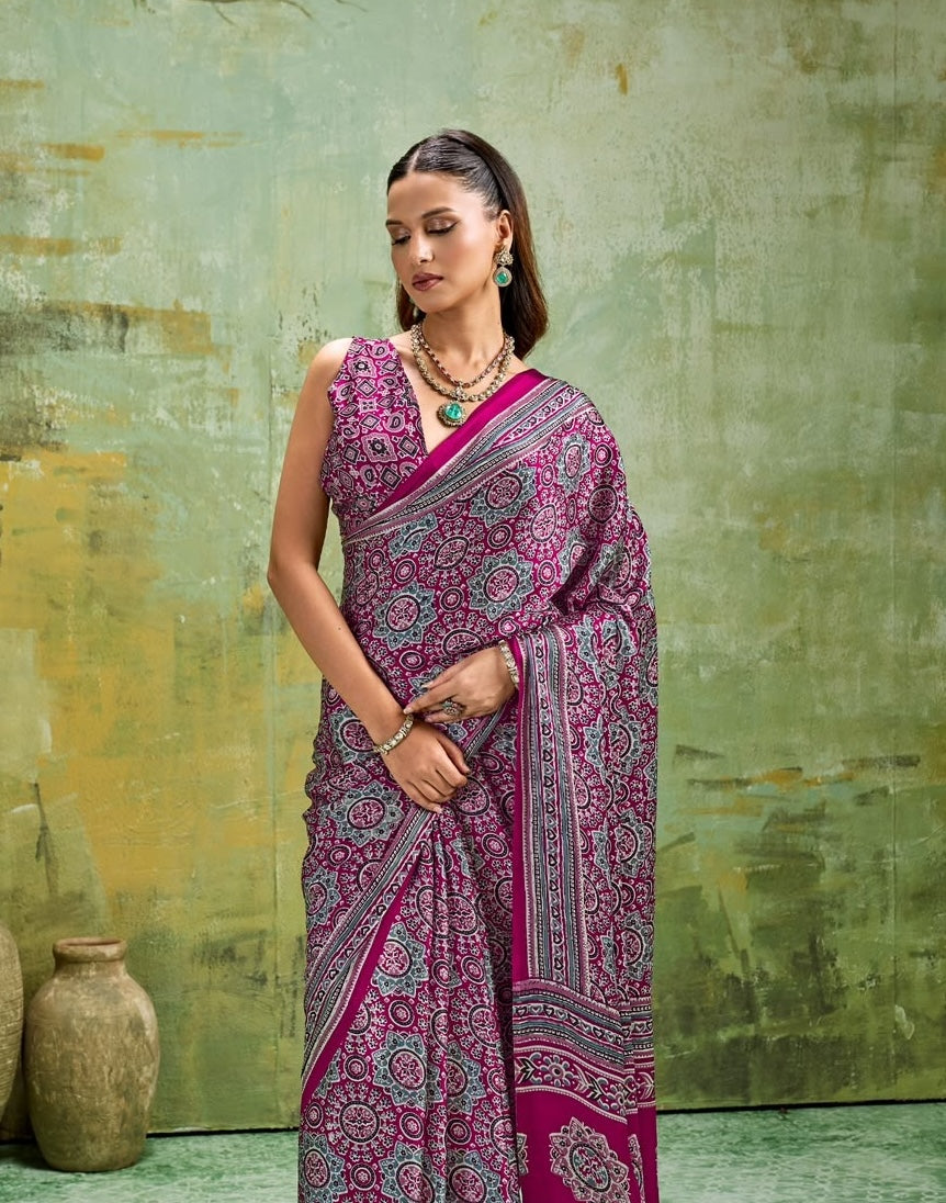 Magenta Modal Silk Ready To Wear/Easy Saree by Stylebypanaash