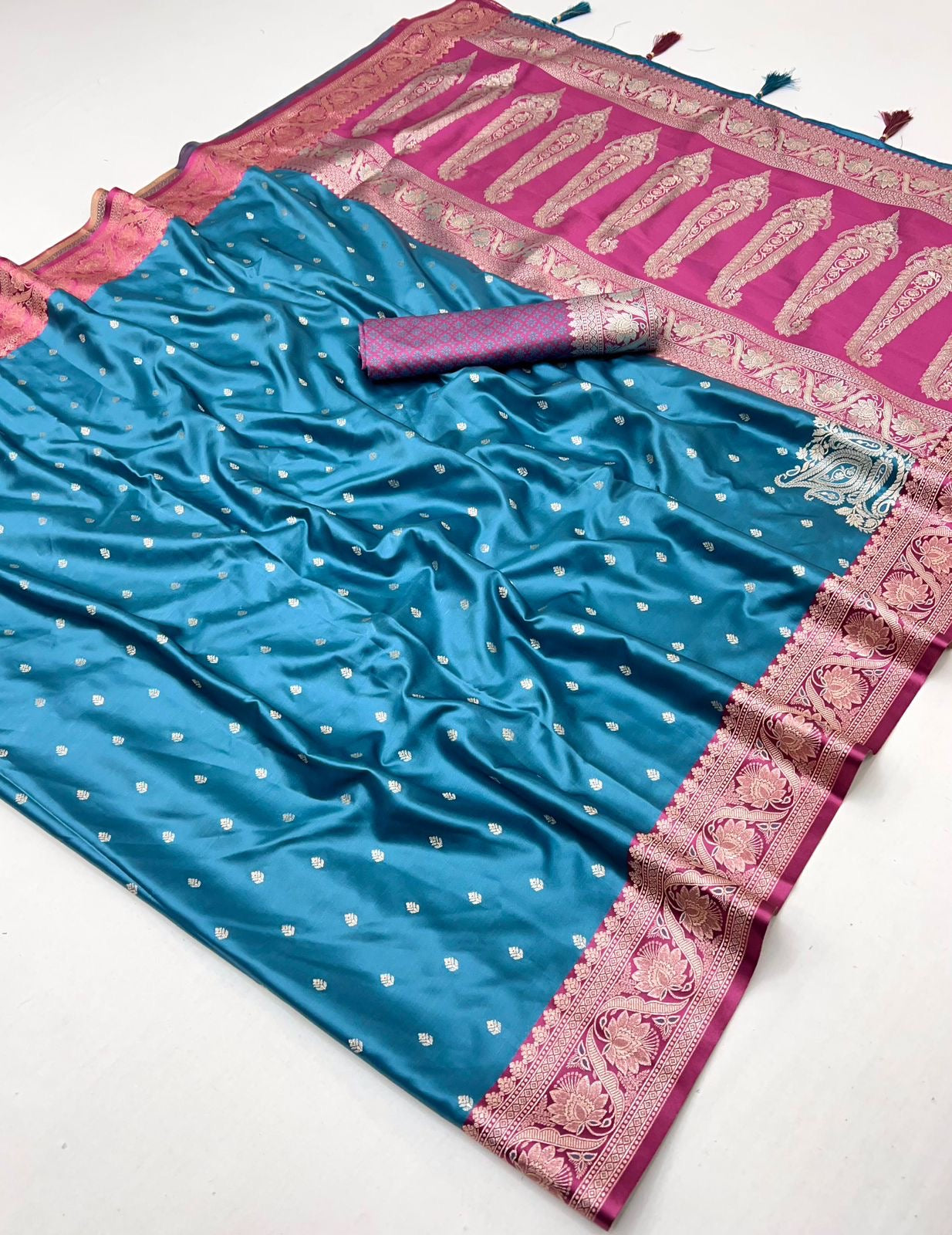 Teal Blue Satin Silk Readymade/Easy Saree - Panaash Saree