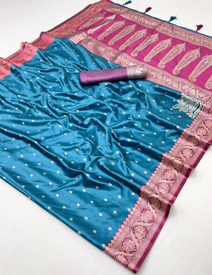 Teal Blue Satin Silk Readymade/Easy Saree - Panaash Saree