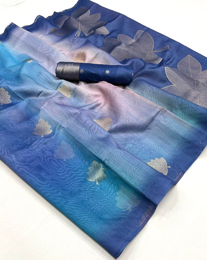 Slate blue printed linen saree with gold leaf motifs and drape-ready fold
