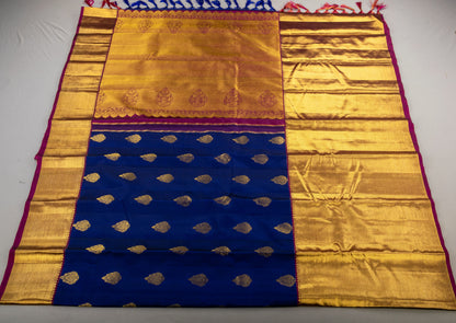 Dark Blue Handmade Kanchipuram Pure Silk Custom Sized Ready To Wear Saree
