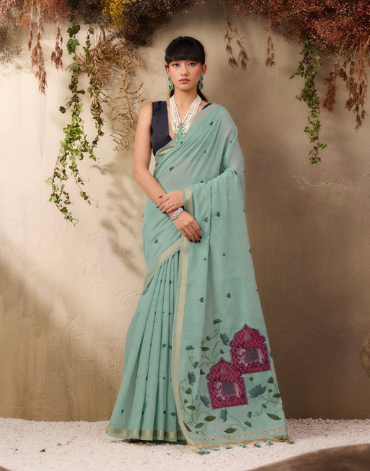 Blue Color Cotton Readymade/Easy Saree