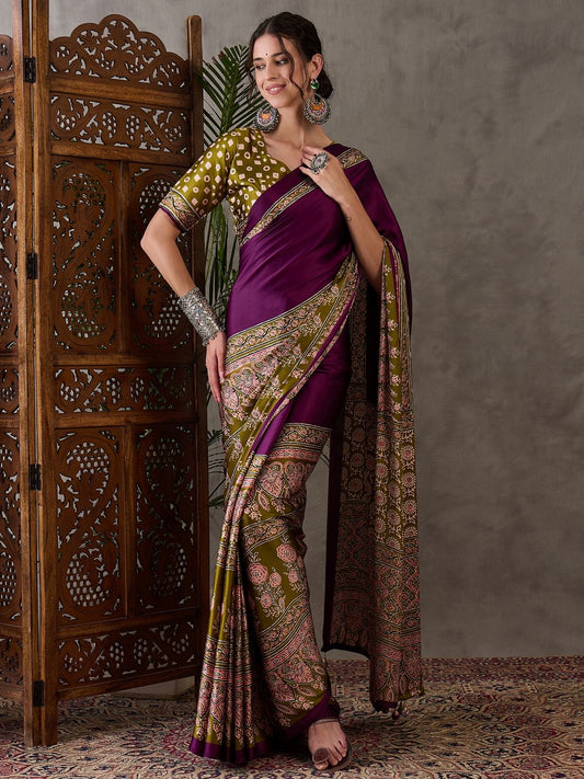 Purple and olive green Crepe Silk Readymade/Easy Saree