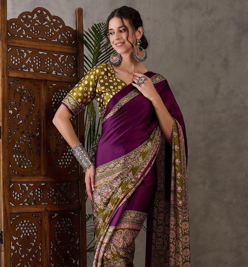 Purple & Olive Green Crepe Silk Readymade/Easy Saree