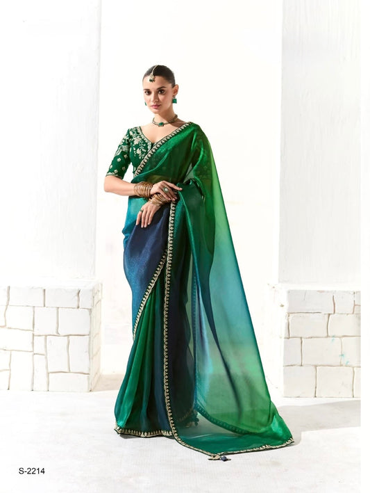 Green & Blue Organza Readymade Saree With Fancy Blouse Piece
