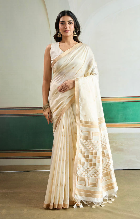 White Tussar Silk Readymade/Easy Saree