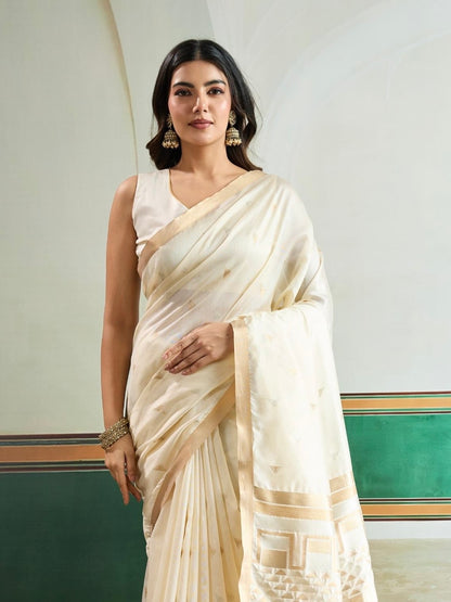 White Tussar Silk Readymade/Easy Saree