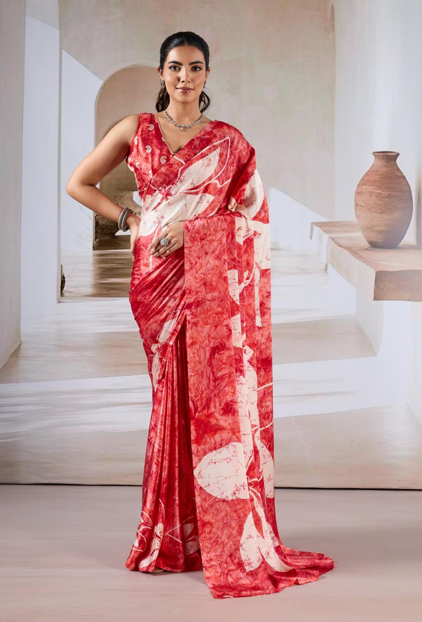 Red & White Crepe Silk Ready To Wear/Easy Saree