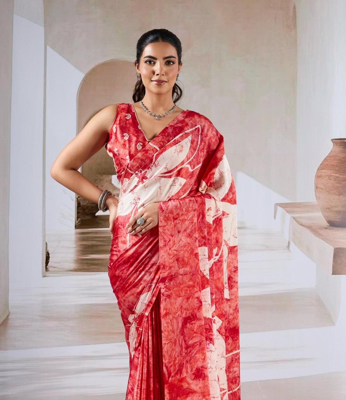 Red & White Crepe Silk Ready To Wear/Easy Saree