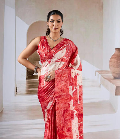 Red & White Crepe Silk Ready To Wear/Easy Saree