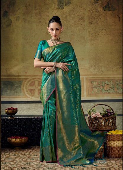 Teal Green Kanjivaram Silk Ready To Wear/Easy Saree by Stylebypanaash