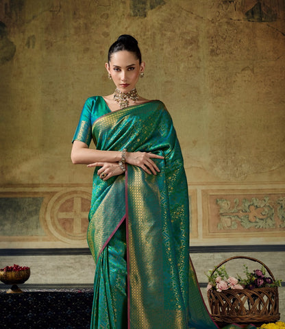 Teal Green Kanjivaram Silk Ready To Wear/Easy Saree by Stylebypanaash