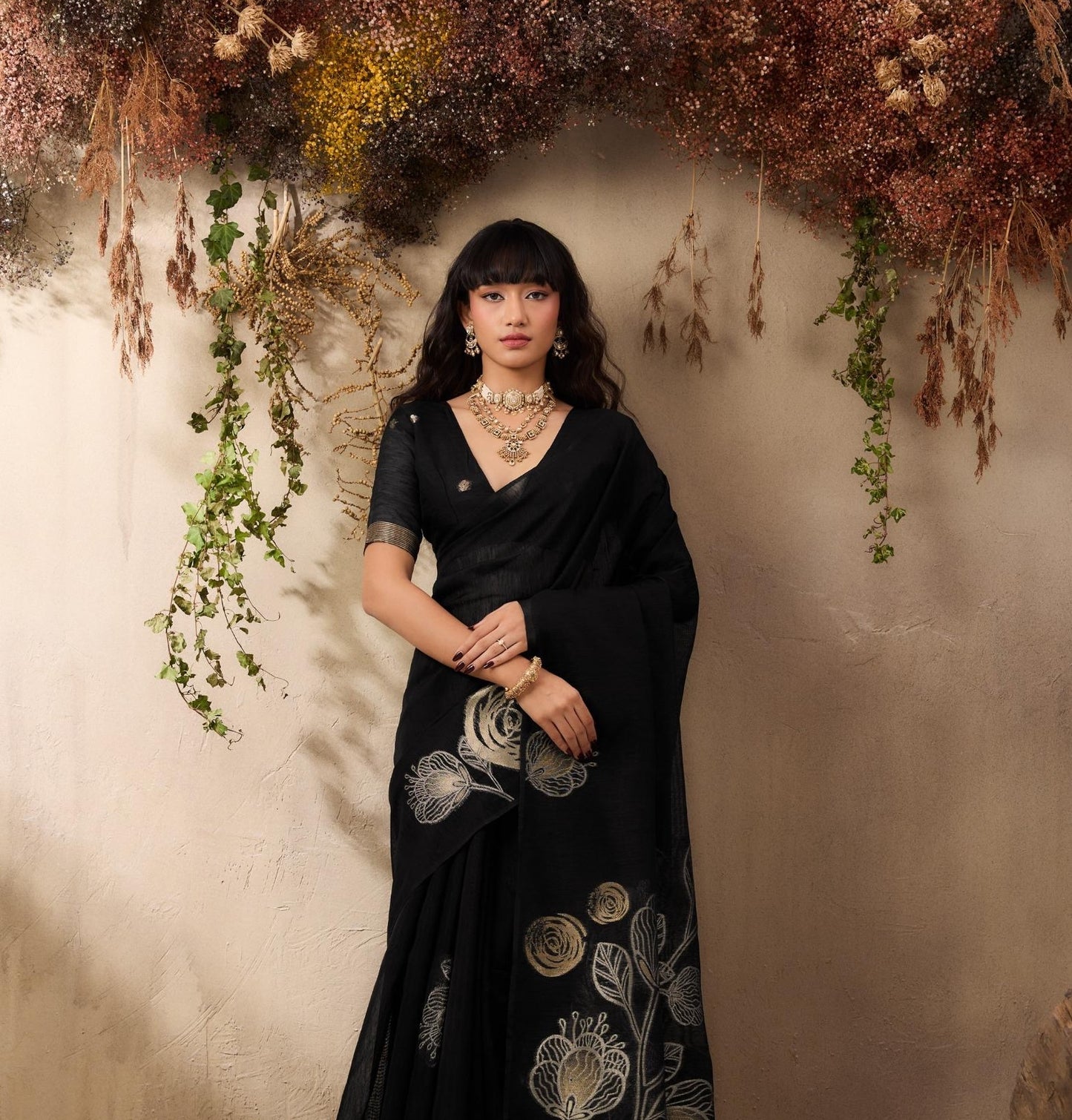 Black Munga Silk Readymade/Easy Saree - Panaash Saree