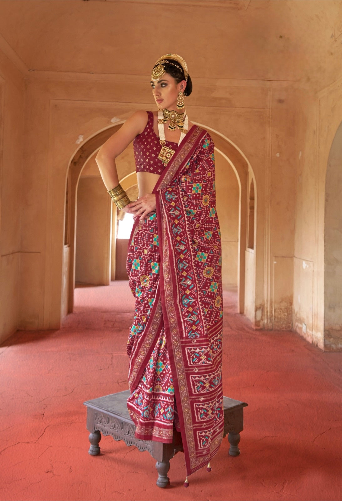 Maroon Patola Silk Readymade/Easy Saree